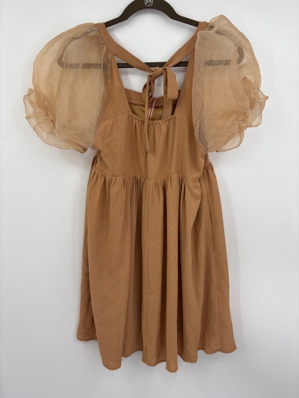 Entro Babydoll Dress Square Neckline Sheer Puff Sleeve Peach Apricot Small NEW - Picture 4 of 7